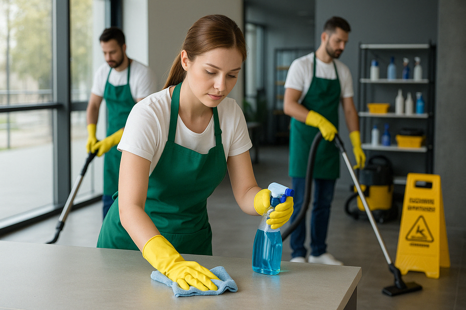 Professional cleaners working in an office environment