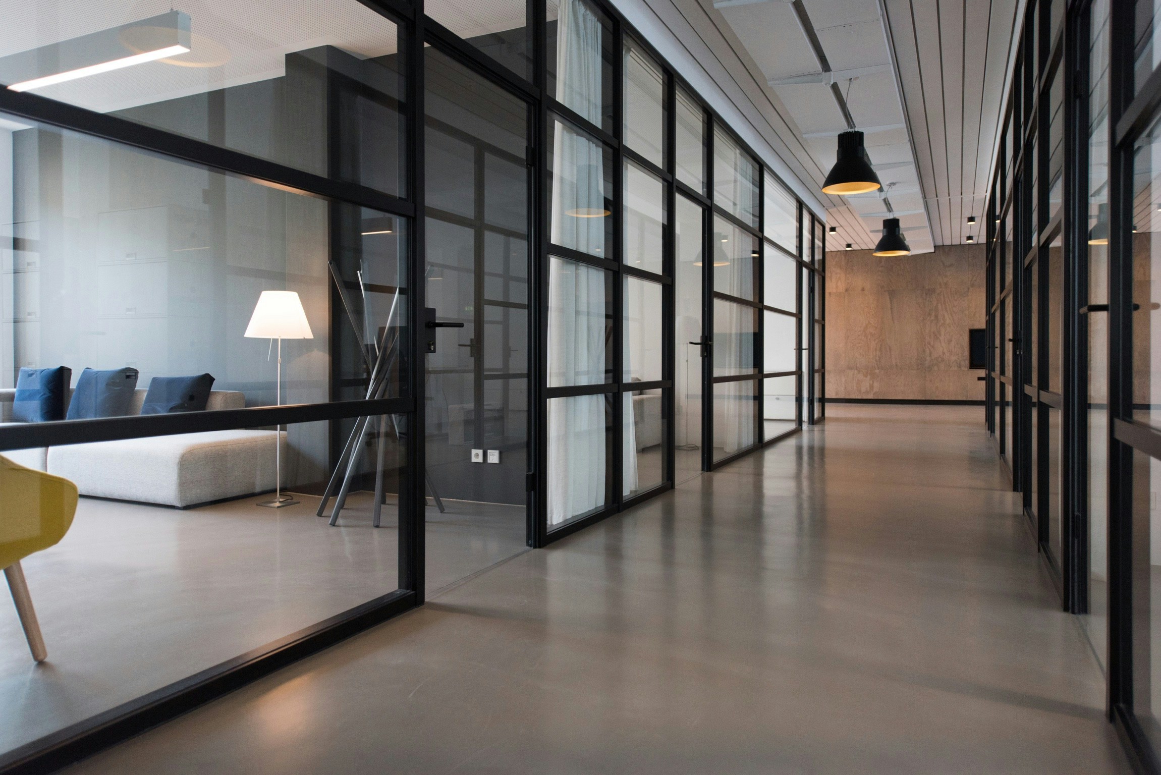 Modern office interior with glass partitions